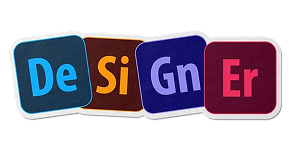 De Si Gn Er — Adobe-style app icon badges spelling Designer