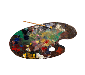 Wooden paint palette with mixed colors and a brush