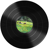 Vinyl record with a countryside scene on the label